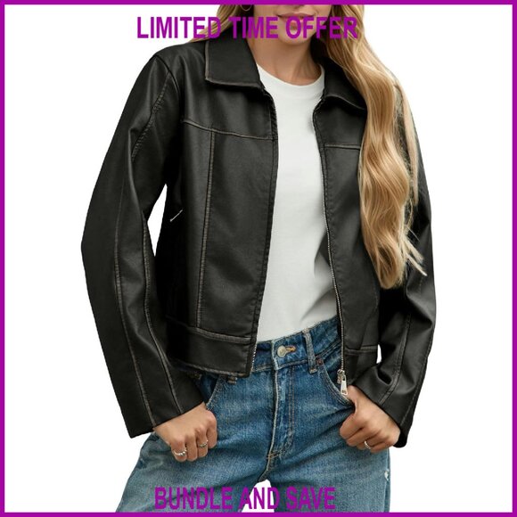 Faux Leather Motorcycle Jacket with Zipper Pockets Cropped Fit